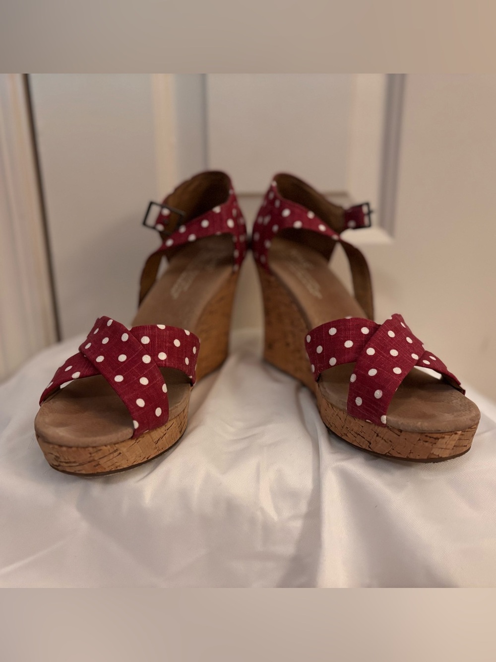 Toms Red Polka Dot Cork Wedge Sandals